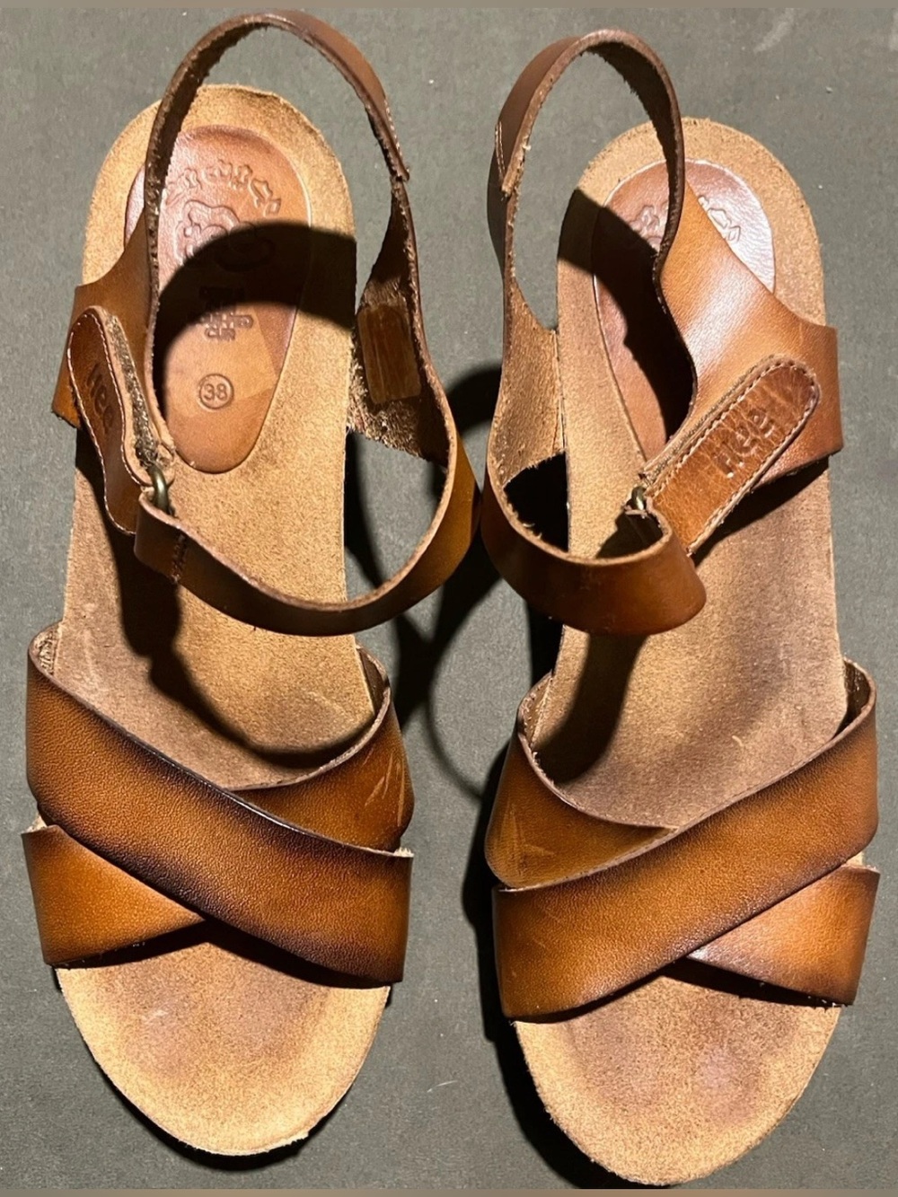 HEE Burnished Brown Leather Cork Wedge Crisscross Strap Sandals